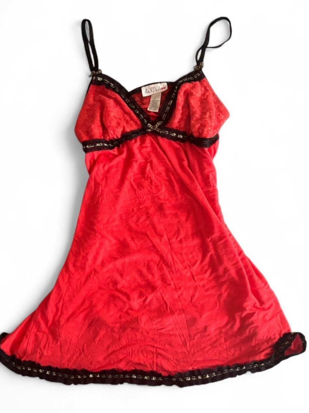 La SENZA Red Chemise with Black Leopard Print Lace